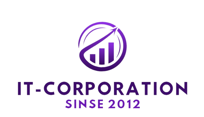 흰색바탕 토토 솔루션 설명을 위해 보라색 영문 글씨로 it-corporation 로고 입니다.