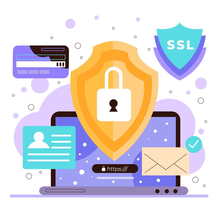 프로그램 보안을 강조하는 노란샌 쉴드마크에 자물쇠로 개인정보 Ssl 보안을 강조하는 그림입니다.