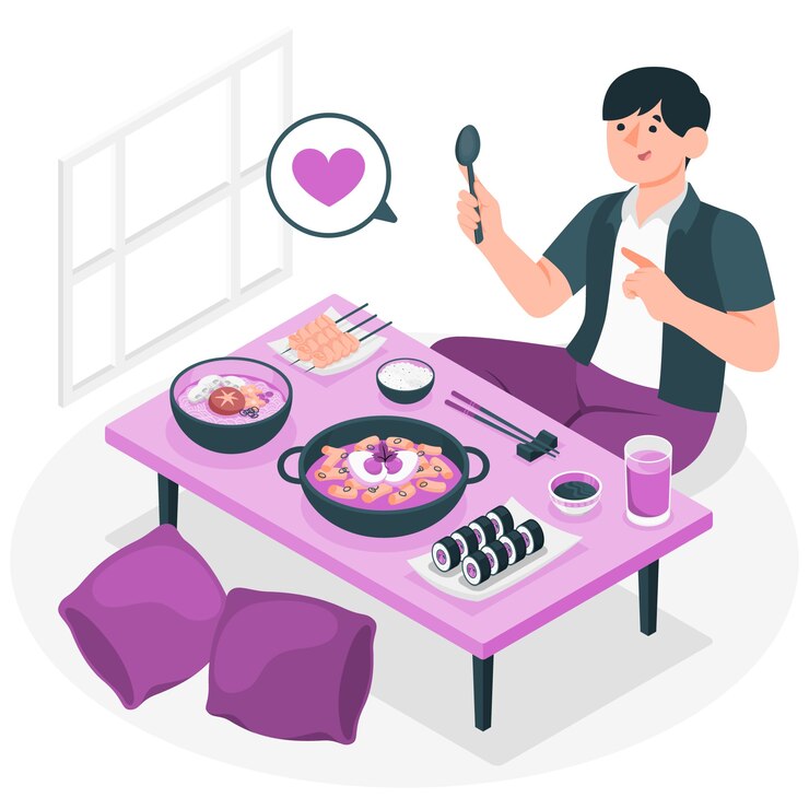 금강산도 식후경 보라색 식탁위에 남자가 음식을 보며 흐뭇해하는 그림 입니다.